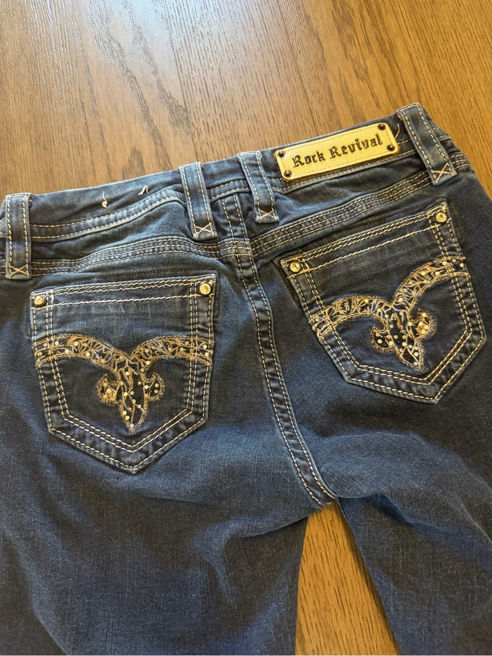 Rock Revival Women's Dark Blue Embroidered Pocket “July” Jeans Sz 27/31.5